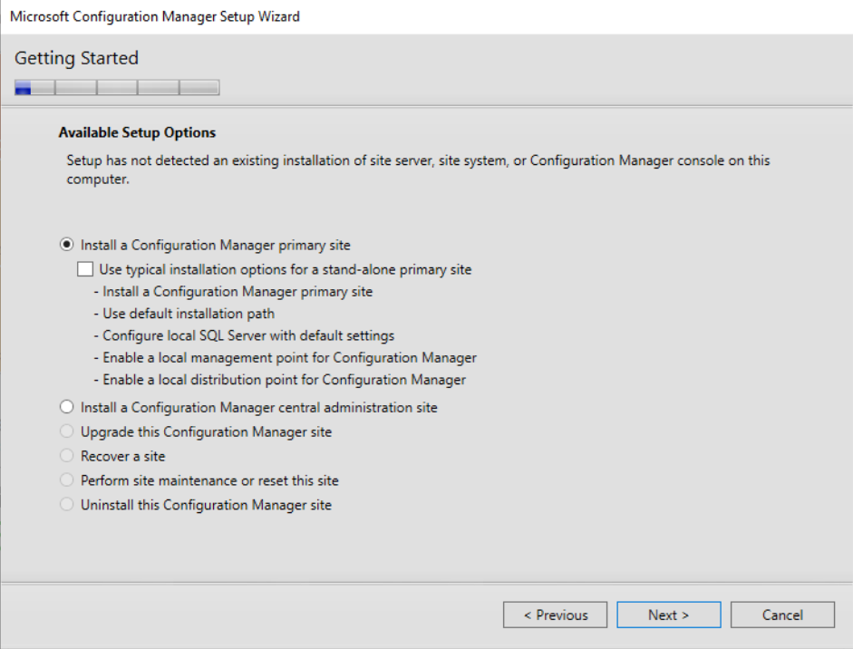 Config Manager Setup Wizard Default Setting for Primary Site
